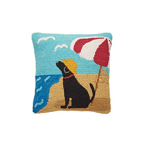 Mud Pie Beach Dog Hook Wool Accent Pillow 12" Decorative Pillow White, Blue