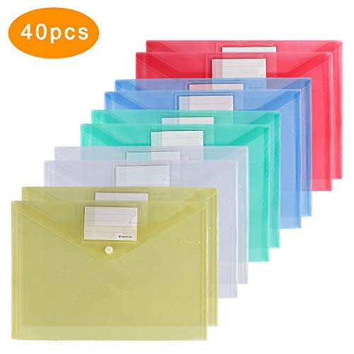 Xzyppci Plastic Envelopes Poly Envelopes, 40 Pack Clear Document Folders US Letter A4 Size File Envelopes with Label Pocket & Snap Button for School Home Work Office Organization, 5 Assorted Colors