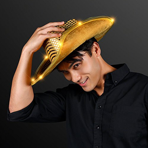 FlashingBlinkyLights Shiny Gold Sequin Light Up LED Cowboy Hat