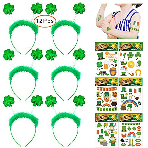 12 Pcs St Patrick's Day Shamrock Headbands Decorations set 6 pcs Shamrock Clover head Boppers 6 pcs Temporary Shamrock Tattoos for Saint Patrick's Accessories Party Favors Supplies