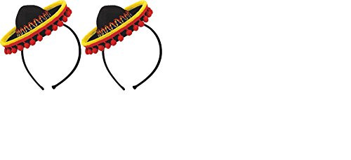 Cinco De Mayo Fiesta Party Black Spanish Hat With Red Ball Fringe Headband Accessories, Plastic, 8" x 6 (2-Pack)