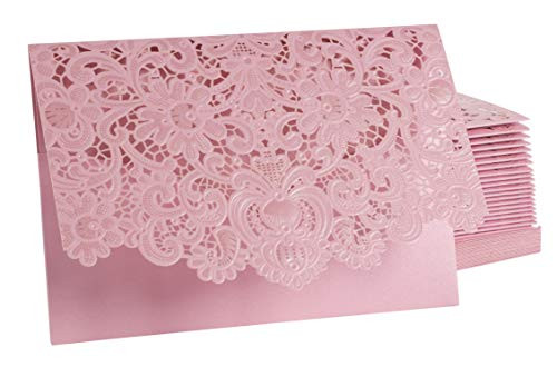 24-Pack Wedding Invitation Cards - Laser Cut Floral Design Invitation Pockets for Bridal Showers, Engagement Parties, Includes Covers, Blank Inserts, Envelopes, Pink, 5 x 7.25 Inches