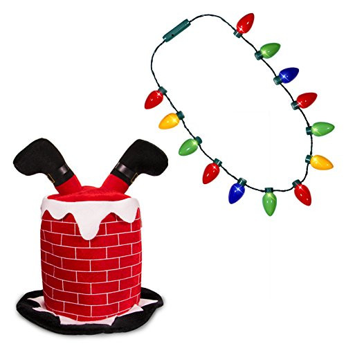 Windy City Novelties Ugly Sweater Christmas Party Kit - Holiday Hat + LED Christmas Bulb Necklace Combo (Chimney Hat + Necklace)