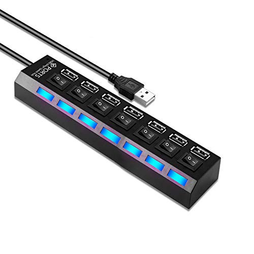 Multi Port USB Splitter, 7-Ports USB 2.0 Hub High Speed ON/Off Individual Switch with LEDs Compatible for All USB Device (7-Ports)