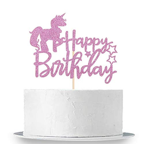 INNORU Unicorn Happy Birthday Cake Topper - Pink Glitter Cake Topper Birthday Party Decoration Supplies