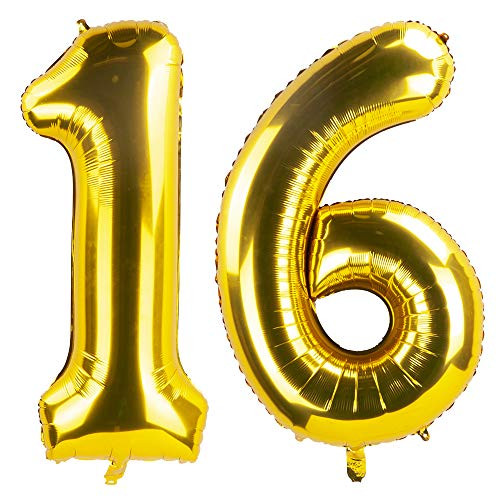 ZOOYOO Gold 16 Foil Mylar Number Balloons for 16th Birthday Party Decoration Supplies,16th Anniversary,40 Inch.