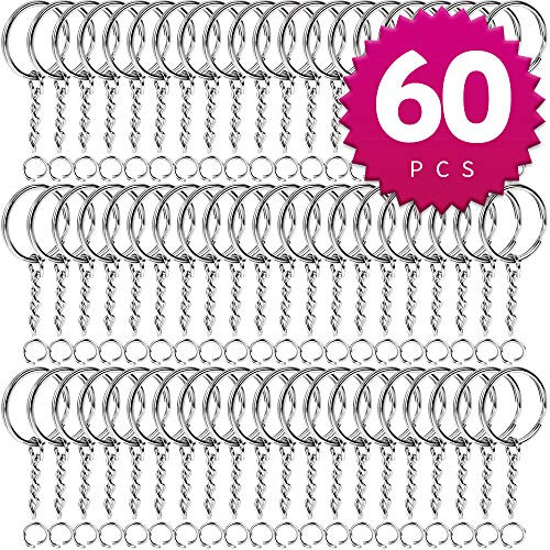 Teenitor Metal Split Keychain Ring Parts - 60 Key Chains 25mm with 26mm Chains and 60pcs Open Jump Ring for Craft Key Ring