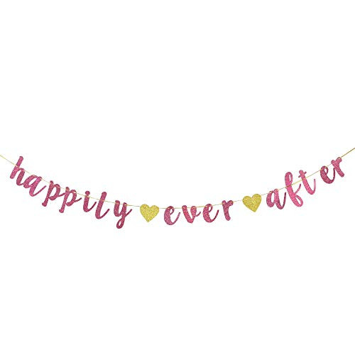 Happily Ever After Banner Glitter Pink Wedding Hung Bunting Sign for Engagement, Bridal Shower Party Decoration