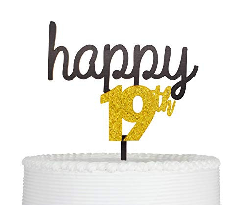 Happy 19th Cake Topper Reusable Acrylic for Happy 19th Birthday,Wedding Anniversary Party Decoration Supplies?Gold & Black?