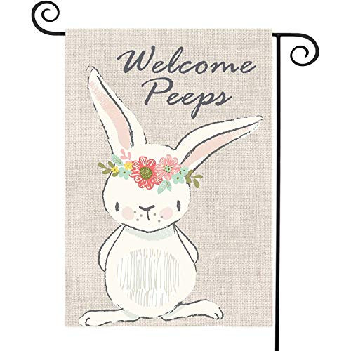 THREEMAO Easter Bunny Garden Flag Welcome Peeps Vertical Double Sided 12.5 x 18 Inch Rabbit Garden Flag Spring Bunny Yard Decor