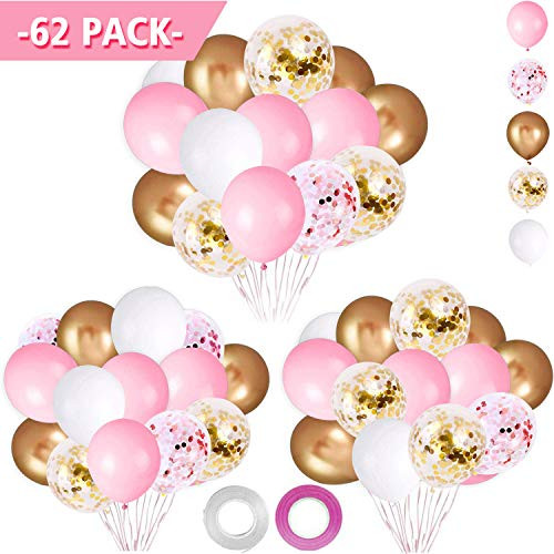 62Pcs Pink Gold Confetti Latex Balloons Kit - 12 Inch Pink White Gold Helium Round Balloons Party Supplies for Confession Proposal Wedding Girl Birthday Baby Shower Party Decoration