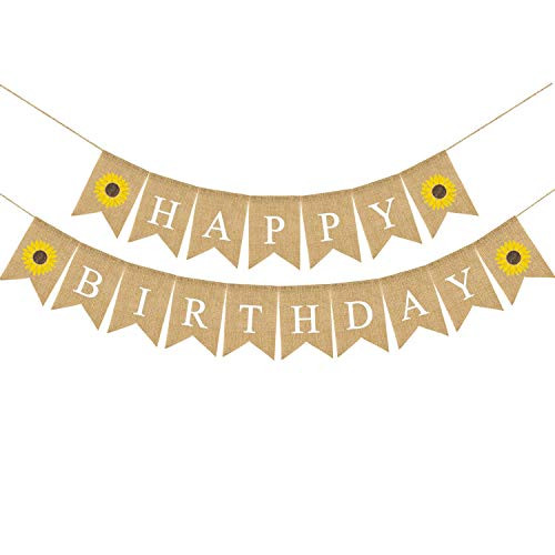 SWYOUN Burlap Happy Birthday Banner with Sunflower Birthday Party Bunting Garland SWYOUN Burlap Happy Birthday Banner with Sunflower Birthday Party Bunting Garland