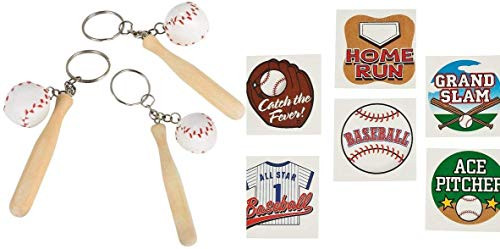 Happy Deals~ 12 - Baseball Keychains with Bat and Ball + 72 Baseball Tattoos - Baseball Party Favors and Toys