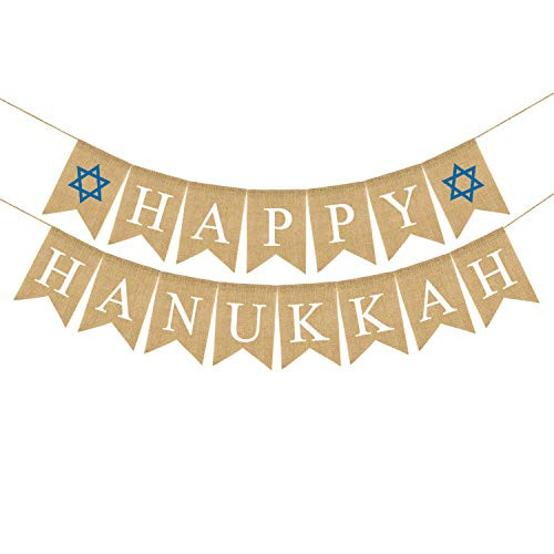 Rainlemon Jute Burlap Happy Hanukkah Banner Rustic Chanukah Holiday Mantel Fireplace Garland Decoration Supply