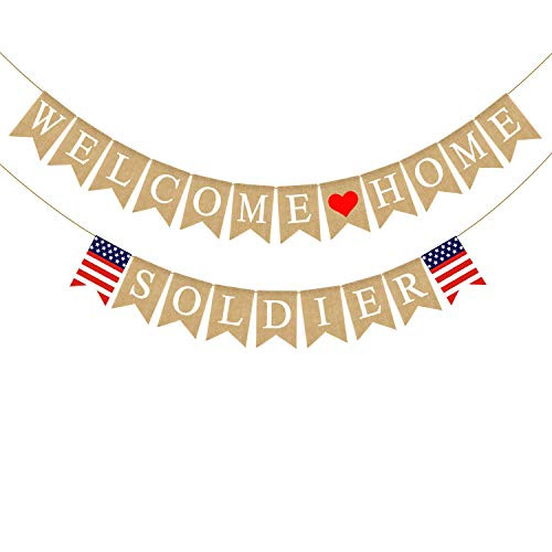 Rainlemon Jute Burlap Welcome Home Soldier Banner American Military Army Family Garland Decoration
