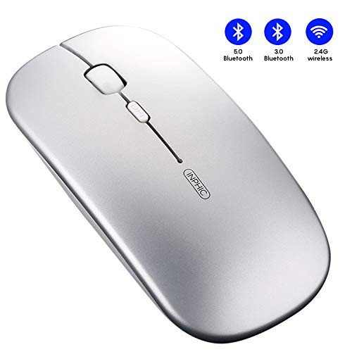 Bluetooth Mouse, Inphic Tri-Mode Slim Silent Rechargeable Bluetooth Wireless Mouse (Bluetooth 5.0/3.0+ 2.4G Wireless), 1600DPI Portable Mouse for Laptop PC Computer, Android,Windows MacBook, Silver