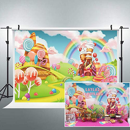 Riyidecor Candyland Lollipop Rainbow Castle Photo Backdrop Cartoon Kids Colorful 7Wx5H Feet Ice Cream Cloud Photography Background Newborn Birthday Party Photo Studio Shoot Backdrop Vinyl Cloth