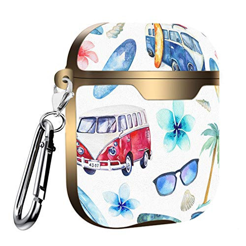 Slim Form Fitted Printing Pattern Cover Case with Carabiner Compatible with Airpods 1 and AirPods 2 / Tropical Hippie Watercolor Vintage Van and surf Board Pattern