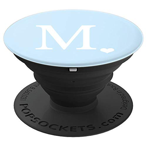 White Initial Letter M Heart Monogram On Pastel Light Blue PopSockets Grip and Stand for Phones and Tablets
