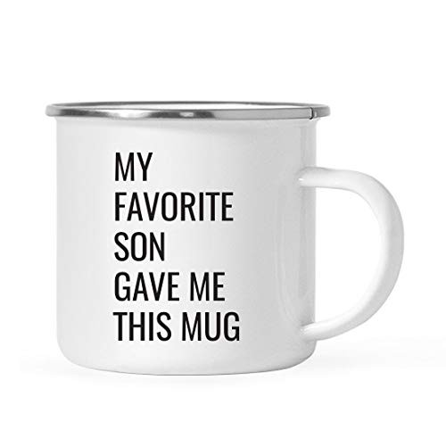 Andaz Press 11oz. Stainless Steel Funny Campfire Coffee Mug Gag Gift, My Favorite Son Gave Me This Mug, 1-Pack, Mom Dad Mother's Day Father's Day Christmas Sarcastic Humor Metal Camping Cup Ideas
