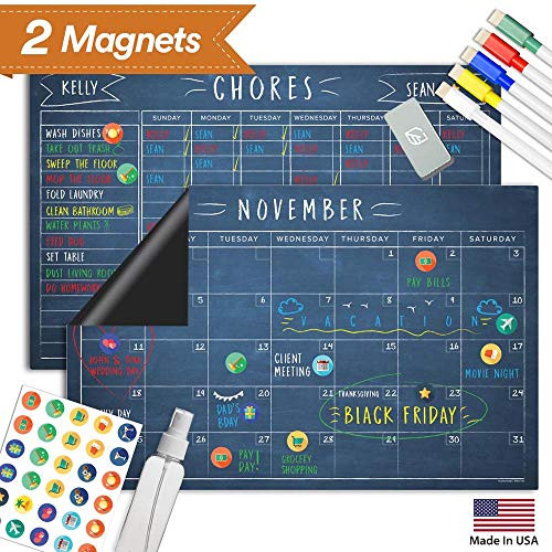 Magnetic Chalkboard Reward Chore Chart  Black Dry Erase Refrigerator Responsibility Incentive Chart - Multiple Kid Chart System w/Bonus Reusable Monthly Calendar - 11 x 17