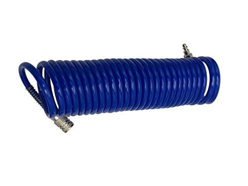 Recoil Hose Heavy Duty Recoil Air Hose Air Line OD 3/8 Inch Portable Polyurethane Coil Hose with 1/4 Inch Quick Fittings for Air Compressor, Sprayer and Industrial use 25FT, Blue