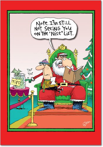12 'Santa Tips Nice List' Boxed Christmas Cards w/Envelopes 4.63 x 6.75 inch, Hilarious Santa Claus Cartoon Holiday Notes, Funny Naughty and Nice List Christmas Cards, Christmas Stationery B1876