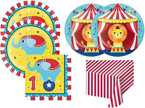 1st Birthday Carnival Circus Boy Girl Party Supplies, Happy Birthday Plates Napkins and Table Cover for 16 Guests