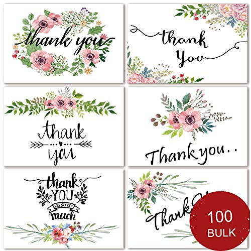 100 Bulk Thank You Cards, Blank Thank You Notes for Wedding, Baby Shower, Bridal Shower, Anniversary, 6 Floral Flower Design, Blank On the Inside, 4 x 6 inch Thank You Cards with Adhesive Envelopes