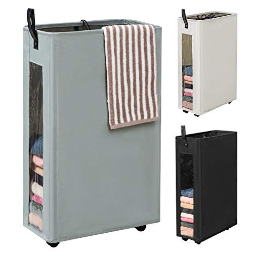 WOWLIVE 27 inches Slim Rolling Laundry Hamper with Wheels Collapsible Tall Laundry Basket with Clear Window Handy Thin Clothes Hamper Mesh Cover Rectangular Storage?Corner Bin(Gray)
