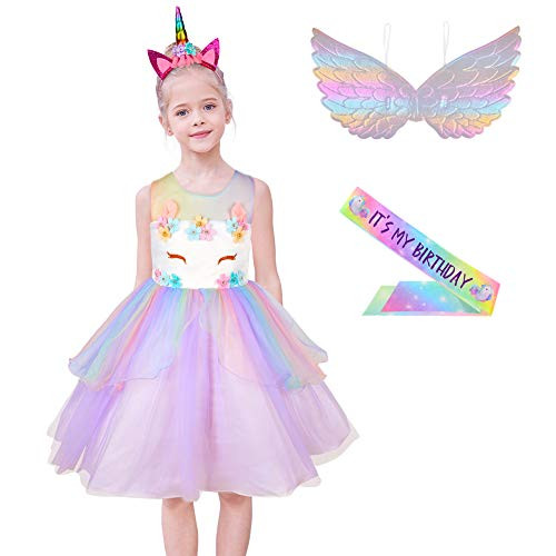 MHJY Girls Unicorn Dress Unicorn Costume with Headband, Wings and Sash for Birthday Party Christmas Dress up MHJY Girls Unicorn Dress Unicorn Costume with Headband, Wings and Sash for Birthday Party Christmas Dress up