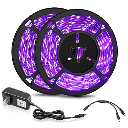 CLY 33ft LED UV Black Light Strip Kit, 600 Units UV Lamp Beads, 12V Flexible Blacklight Fixtures, 10m LED Ribbon for Indoor Fluorescent Dance Party, Stage Lighting, Birthday,Wedding