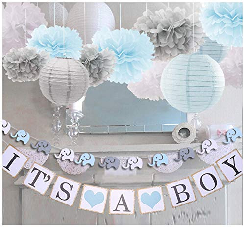 luckylibra Boy Baby Shower Decorations, It is a Boy Banners Elephant Garland and Paper Lantern Paper Flower Pom Poms ?Blue White Grey? luckylibra Boy Baby Shower Decorations, It is a Boy Banners Elephant Garland and Paper Lantern Paper Flower Pom Poms ?Blue White Grey?