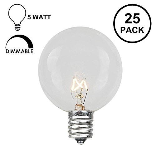 Novelty Lights 25 Pack G40 Outdoor Globe Replacement Bulbs, Clear, C7/E12 Candelabra Base, 5 Watt