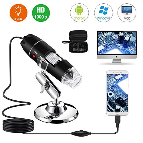 USB Digital Microscope 40X to 1000X, Bysameyee 8 LED Magnification Endoscope Camera with Carrying Case & Metal Stand, Compatible for Android Windows 7 8 10 Linux Mac