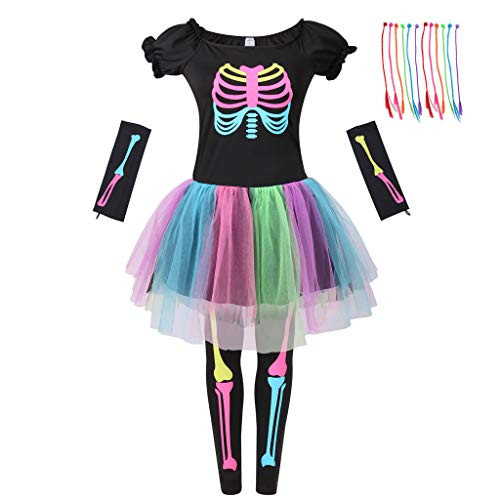 Meeyou Girls Skeleton Costume, Funky Punk Bones Tutu Dress for Girls (Large, Multicolor)