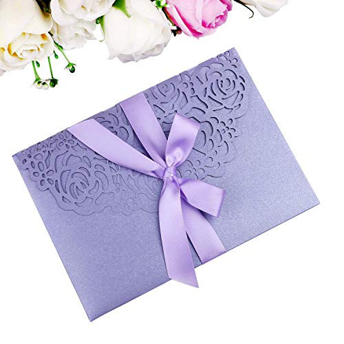 PONATIA 20 PCS 3 Folds 5x7'' Wedding Invitations Cards with Envelopes Ribbons for Wedding Bridal Shower Engagement Birthday Graduation Invite (Lavender)