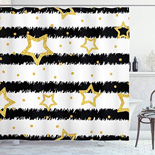 Ambesonne Star Shower Curtain, Stars and Dots with Digital Effect on Striped Pattern Celebration Theme Party, Cloth Fabric Bathroom Decor Set with Hooks, 75" Long, Black White Yellow
