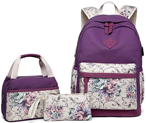 Abshoo Lightweight Canvas Floral Teen Backpacks for Girls School Backpack with Lunch Bag (9G4 Purple)