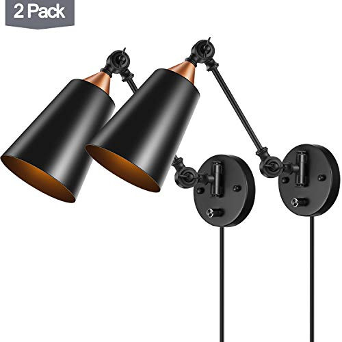 Elibbren Vintage Plug in Wall Sconce 2 Pack, Industrial Edison Wall Light with 5.9FT Plug in Cord with On Off Switch, Rustic Vanity Bedroom Swing Arm Wall Light Fixtures
