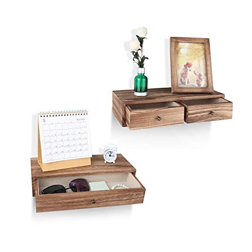 Emfogo Floating Shelf with Drawer Small Rustic Wood Wall Shelves for Storage and Display Multiuse Shelf Pack of 2 (Carbonized Black)