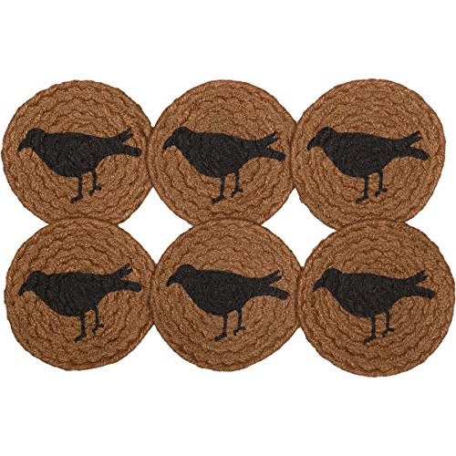 VHC Brands Primitive Tabletop Kitchen Settlement Crow Jute Stenciled Nature Print Round Coaster Set of 6 Mustard Tan Yellow VHC Brands Primitive Tabletop Kitchen Settlement Crow Jute Stenciled Nature Print Round Coaster Set of 6 Mustard Tan Yellow