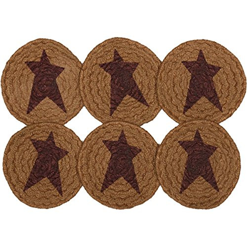 VHC Brands Primitive Tabletop Kitchen Settlement Star Jute Stenciled Round Coaster Set of 6 Mustard Tan Yellow VHC Brands Primitive Tabletop Kitchen Settlement Star Jute Stenciled Round Coaster Set of 6 Mustard Tan Yellow