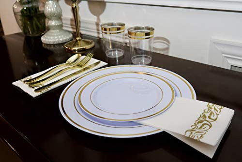 PARTYDON'TSTOP!!! -350 PIECE 50 GUEST Party Disposable Gold Dinnerware Silverware Set -50 Gold Rim Plastic Plates -50 Dessert Plates -50 Plastic Silverware -50 Plastic Cups -50 Linen Paper Napkin