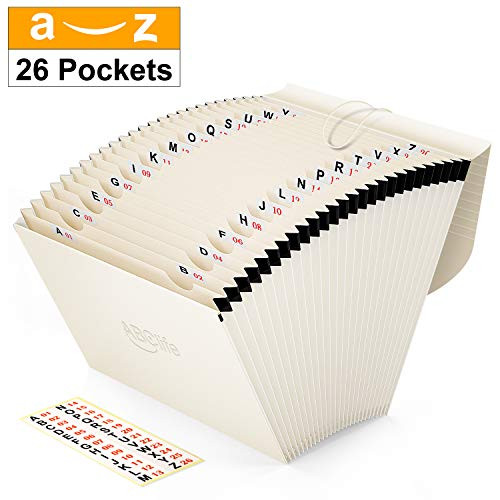 26 Pockets Accordian File Organizer Letter Size, Expandable File Folder/Portable A4 Expanding Filling Box,Paper Accordion Document Coupon Bill Receipt Organizer, A-Z Alphabet Colored Tabs(White)