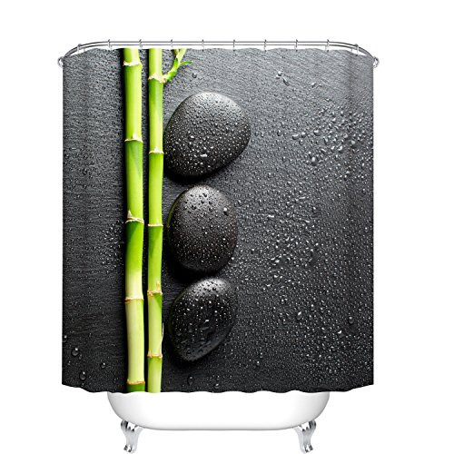 Fangkun Bathroom Shower Curtain Bamboo and pebbles with Drops of Water Design - Polyester Fabric Waterproof Bath Curtains Decor Set - 12pcs Hooks - Green Black - 72 x 72 inches Fangkun Bathroom Shower Curtain Bamboo and pebbles with Drops of Water Design - Polyester Fabric Waterproof Bath Curtains Decor Set - 12pcs Hooks - Green Black - 72 x 72 inches