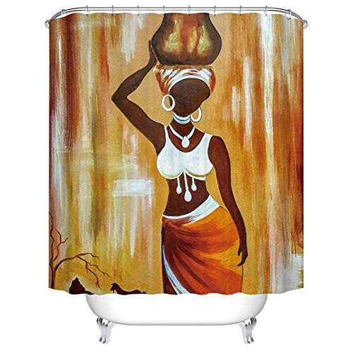 Fangkun Shower Curtain Art Bathroom Decor Set - Waterproof Polyester Fabric African Woman Painting Desgin Bath Curtains - 12pcs Shower Hooks - 72 x 72 inches