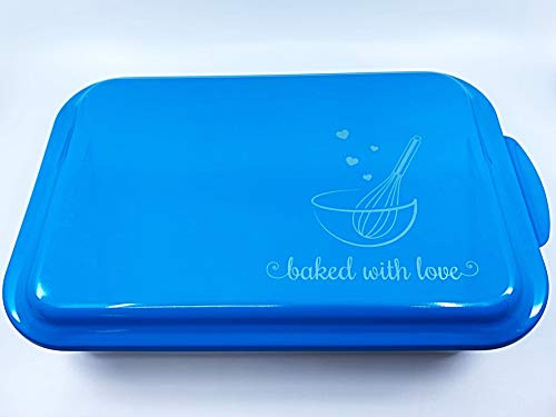 "Baked with Love" Nordic Ware Classic 9x13" Covered Cake Pan with Custom Engraved Color Lid (Electric Blue)