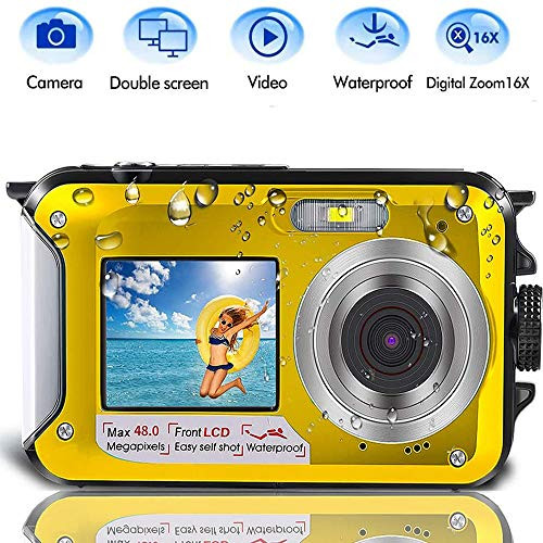 Underwater Camera for Snorkeling, Waterproof Camera, 2.7K 48MP Digital Camera HD Rechargeable Underwater Camera with Dual Screen, Great for Diving Swimming, Camping (Yellow)