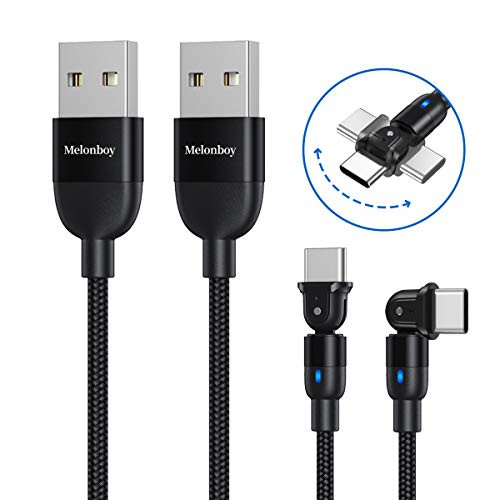 180° Rotation Type C Cable[2-Pack, 6.6ft], Melonboy 3A Fast Charging Cable and Data Sync Transfer, USB A to Type C Durable Nylon Braided Charger Cable for Samsung, Google Pixel, Nexus and More - Black